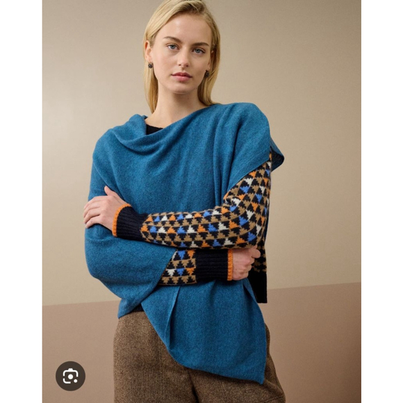 BRORA NWT Gauzy Knit Cashmere Poncho in Ocean Blue Made in Scotland One Size - Picture 2 of 7